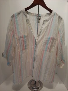 Chicos top blouse white pink blue yellow button front 3/4 sleeve women size 3 - Picture 1 of 4