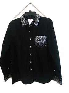 Quacker Factory Western Bluse Silber Nieten Schwarz Damen M Strassknöpfe - Bild 1 von 8