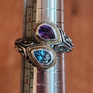 Anillo derivado EFFY de plata de ley de oro amarillo de 18 quilates con topacio azul y amatista talla 7 - Imagen 1 de 10