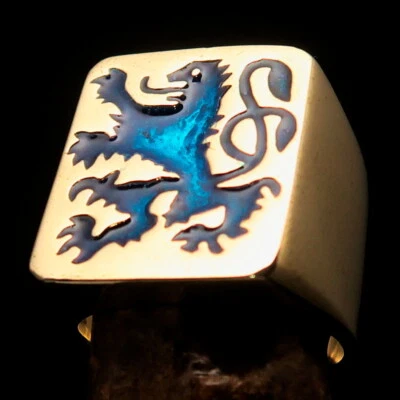 MENS BRASS COAT OF ARMS RING SCOTTISH RAMPANT RAMPAGN LION BLUE SIZE 13 - Image 1 of 4