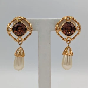 Swarovski Brown Crystal & Faux Pearl Dangle Earrings Pierced Gold Tone Swan Mark - Picture 1 of 16