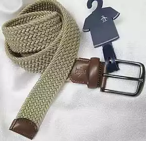 Original Penguin Men's BRAIDED STRETCH BELT BEIGE Genuine Leather M 34-36 - Picture 1 of 2