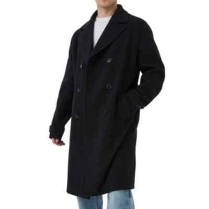 Boohoo Man Tall Double Breasted Wool Look Overcoat in Black, Size M - Picture 1 of 2