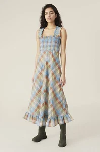 NWT GANNI Seersucker Check Long Dress Multi Size EU38 (US6), EU40 (US8) $285