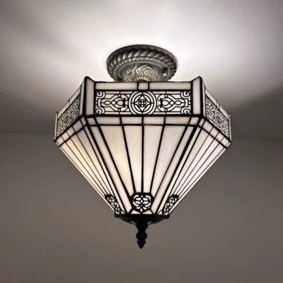 Lámparas de techo estilo Tiffany blanco vitral hexagonal bombillas LED 12" H Foto 1 de 4