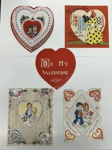 Lotto di 5 cartoline San Valentino vintage anni 30-40 cuori pizzo - Foto 1 di 16