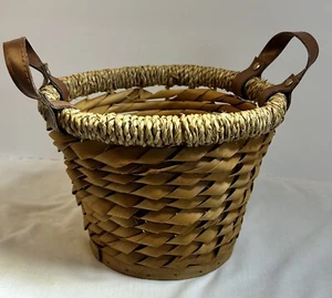 Brown Medium  Woven Basket With Faux Leather  Handles - Picture 1 of 6