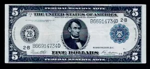 1914$5 dollar bill blue seal Federal Reserve Note VF+ - Picture 1 of 2