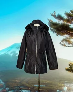 VALERIE STEVENS Women's Solid Black Trench Coat Long Sleeve Jacket Hooded LARGE - Picture 1 of 16