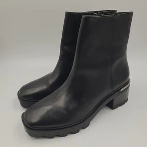Nine West Boots Womens Sz 9.5 Black Leather Chunky Heel Silver Detail Zip Up - Picture 1 of 11