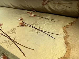 Taffeta Faux Silk Fabric, Per Metre - Embroidered Flower Border Appliqué - Gold - Picture 1 of 3