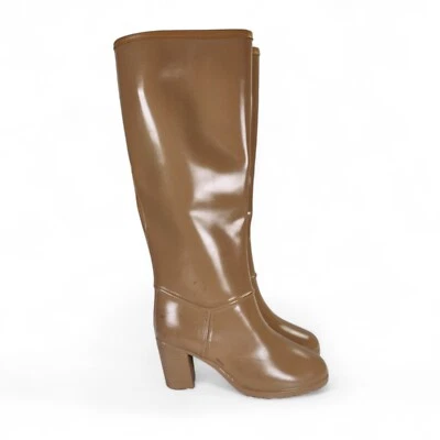 Vintage 70s Servus Tall Rain Boots Size 6 Tan Rubber Low Block Heel Lug Sole - Image 1 of 4