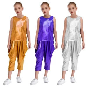 Kids Boys Girls Disco Hip Hop Jazz Street Dance Shiny Metallic Tops with Pants - Picture 1 of 25