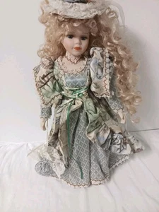 Unique 16" Blonde Hair Porcelain Doll With Stand. Used But In Good Condition - Picture 1 of 2