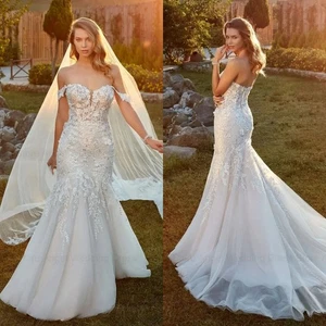 Elegant Mermaid Wedding Dresses Off Shoulder Lace Appliques Sweep Train Gowns - Picture 1 of 7
