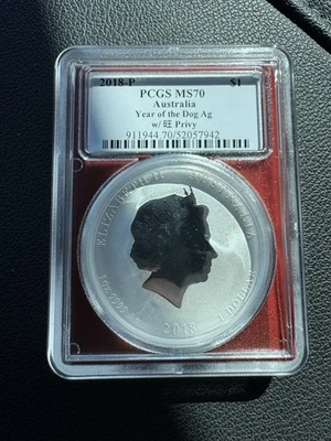 2018 Australia Year of the Dog Lunar w/ Wang Privy Coin MS70 1 oz Silver Coin - Image 1 of 2