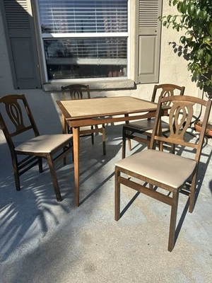 Vintage Stakmore Folding Card Table + 4 Chairs Set — Solid Wood — Mid-Century - Image 1 of 4