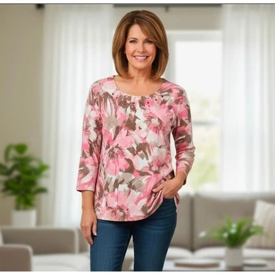 Top túnica Alfred Dunner para mujer 2X estampado floral con adornos rosa marrón Foto 1 de 4