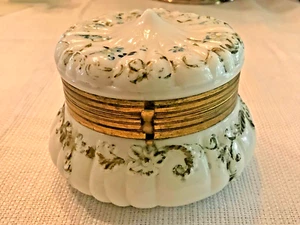 Antique Hand Painted White Milk Glass Footed Trinket Box 5” Wide Gold Hardware - Picture 1 of 14