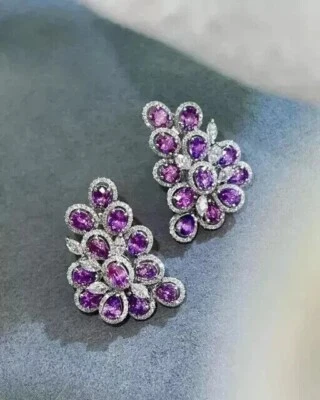 4.10Ct Purple Simulated Amethyst Cluster Stud Earrings 14K Silver Gold Finish - Image 1 of 4
