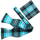 Neuf dames à carreaux en polyester pour hommes auto-attachées nœud cravate & hankie bleu turquoise