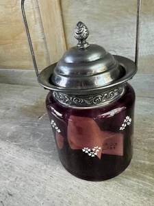 Vintage Biscuit Jar / Barrel w/Metal Lid And Handle Translucent amethyst Glass - Picture 1 of 14