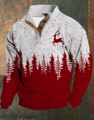 Camisa Jersey Para Hombre 4x/5x 59" - 1/4 Cremallera Navidad Tejido Top Rojo Reno Bosque Foto 1 de 4