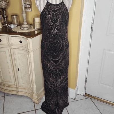 Blu sage black rose gold glitter embellished gown size 12 - image 1 of 4