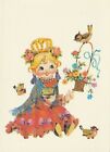Soviet Postcard, 1990 by L.Manilova - Beautiful Girl, Cup a Tea, birds, Flowers