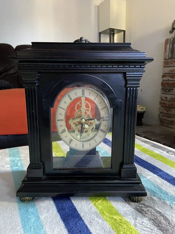 2004 Bombay Company 11"x9” Mantel Clock 3D Brass Clockworks in Wood & Glass Case Cover