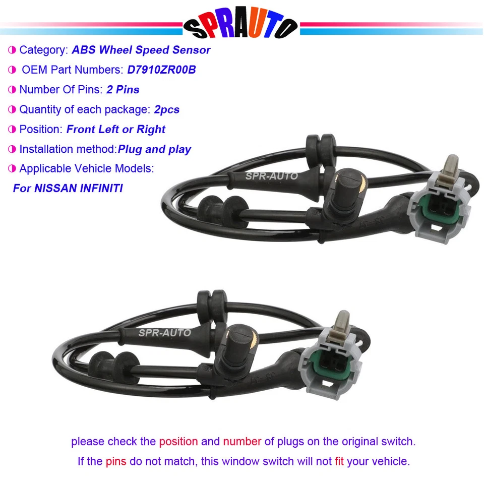 2pcs ABS Speed Sensor Front Driver or Passenger Side For 2008-2012 Nissan Titan - Image 1 of 4