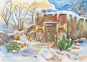 SOUTHWESTERN HACIENDA AT CHRISTMAS! - Watercolor- Hand Painted 9" x 12" - Picture 1 of 2
