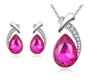 Wassertropfen Silber Halskette und Ohrringe Set Modeschmuck Diamant Strass - Bild 1 von 12