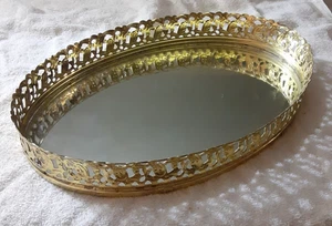 Vintage ovales Kosmetikspiegel Tablett goldfarben filigraner Rand Hollywood Regency Stil - Bild 1 von 6