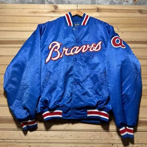 Vintage 90s Atlanta Braves MLB Baseball Snap Button Satin Bomber Jacket - Large - Picture 1 of 11