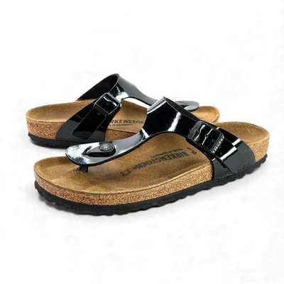 Birkenstock Gizeh Birko-Flor Corcho Tanga Sandalia Mujer 38 EE. UU. 7 Charol Negro Estrecho Foto 1 de 4