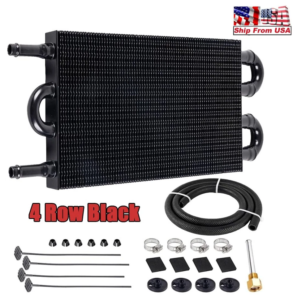 Aluminum Remote Transmission Oil Cooler Radiator Converter +Hose Mounting 4 Pass - Image 1 of 4