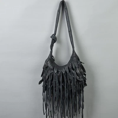 Genuine Leather Women Black Striped Fringed Hobo Soft One-Shoulder Bag - Image 1 of 4