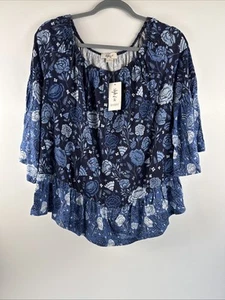 New Style & Co Womens Blue Floral Top Off/On Shoulder Bell Sleeve Size Small NWT - Picture 1 of 11