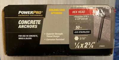 Hillman PowerPro 1/4" x 2-3/4" 410 Tapcon de anclaje de hormigón hexagonal de acero inoxidable paquete de 50 Foto 1 de 4