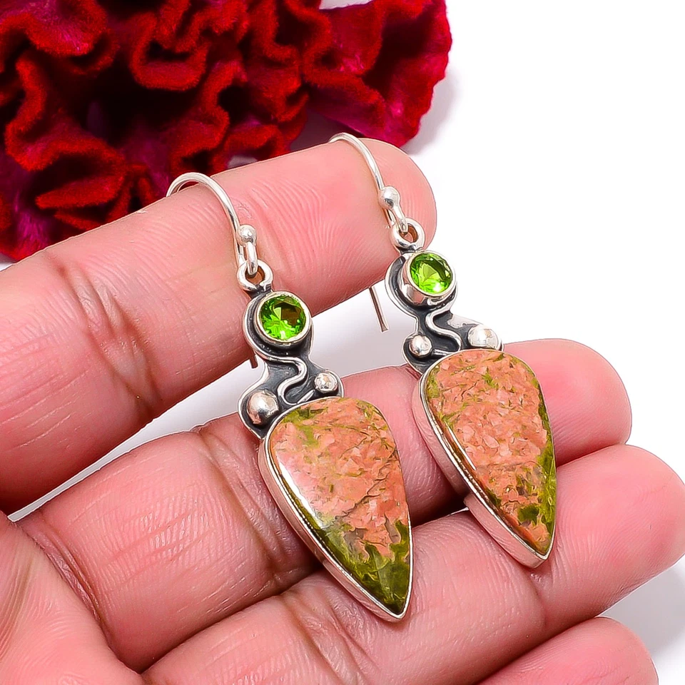 Natural Unakite & Peridot Designer Handmade 925 Sterling Silver Earring 2.11" E2 - Image 1 of 4
