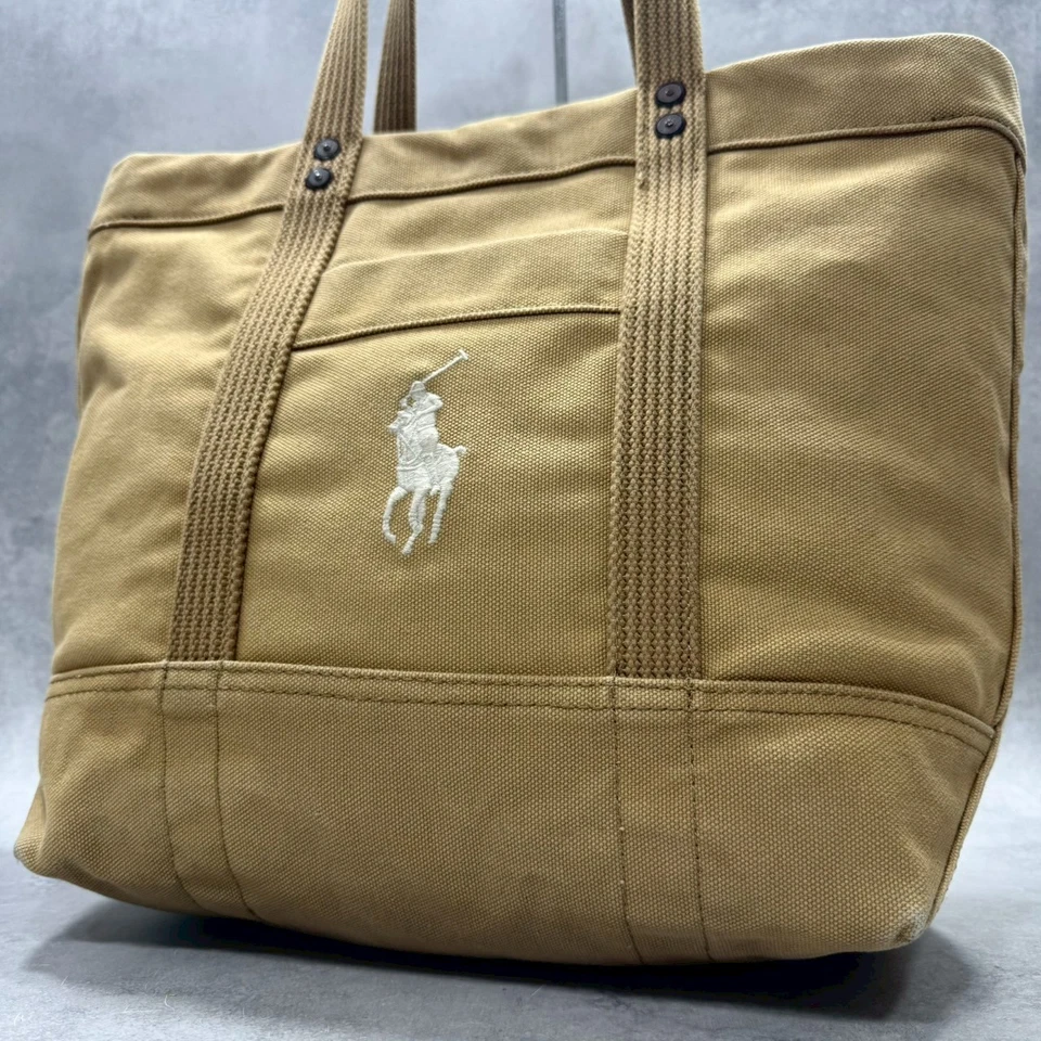 Polo Ralph Lauren Canvas Tote Bag Beige Pony Embroidered A4 Size Large Shoulder - Image 1 of 4