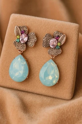Flower Earrings Zara Aqua Blue Rose Gold Boho CZ Encrusted Cabochon Gripoix - Image 1 of 4