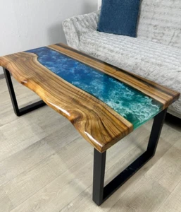 Walnut Wood River Coffee Table with Blue Resin | Handmade Epoxy River Table | Cu - Picture 1 of 15