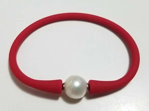 Unisex Red Silicon Rubber Bracelet White Pearl Stainless Steel Post 7.5" - Picture 1 of 5
