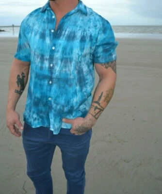 short sleeve designer resort SHIRT Blue gray white Purple tie dyed linen beach M - Image 1 of 4