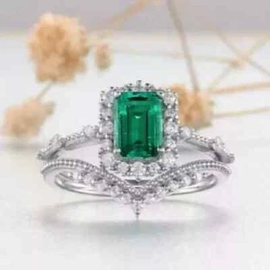 3.50CT Lab-Created Emerald Wedding Bridal Ring Set 14K White Gold Finish - Picture 1 of 4
