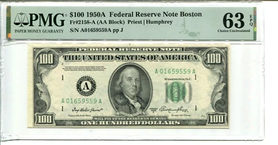 Fr 2158-A 1950A $100 Federal Reserve PMG 63 EPQ CHOICE UNCIRCULATED 2 OF 2 - Image 1 of 2
