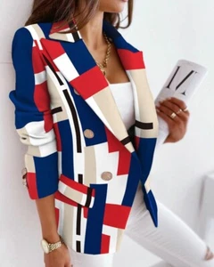 Double Button Breasted V-Neck Long Sleeved Print Blazer-Multicolor - Picture 1 of 1