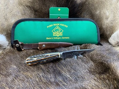 Pre 1964 PUMA 3591 Waidmesser Knife With Stag Handles & Leather Sheath In Pouch - Image 1 of 4